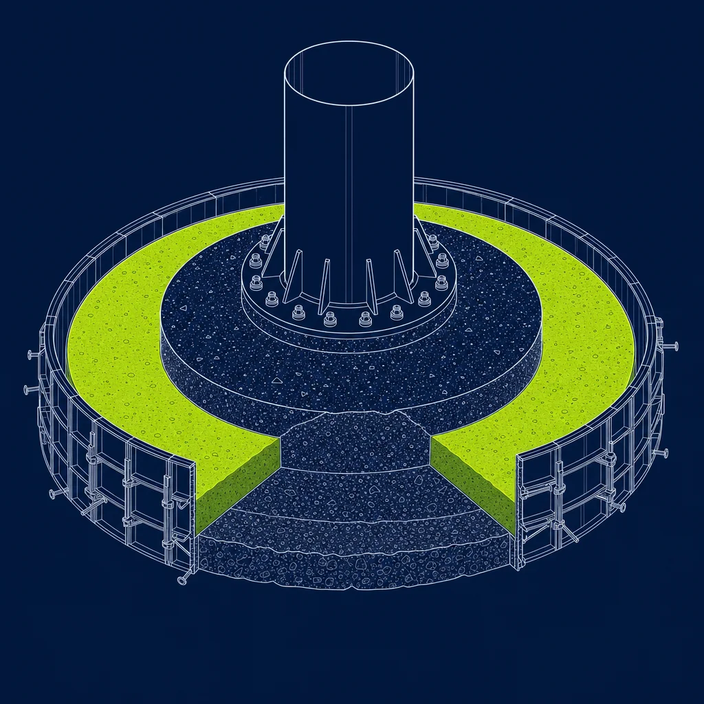 Isometric cutaway diagram: circular formwork ring around an existing foundation filled with fresh high-strength grout