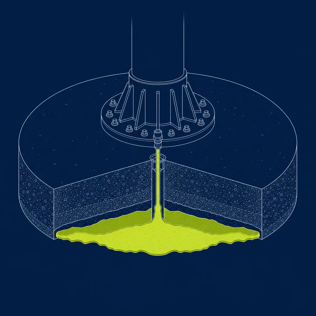 Isometric cutaway diagram: grout injected through a core-drilled borehole filling a void beneath the foundation slab