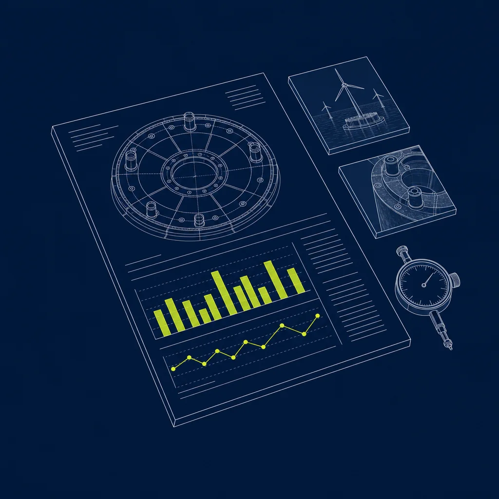 Isometric diagram: inspection report with foundation plan drawing, measurement charts and a dial gauge
